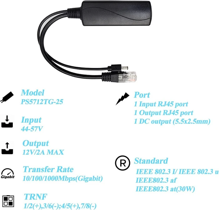 Revotech Desktop Gigabit PoE-Splitter, 2x RJ-45, PoE+ PD