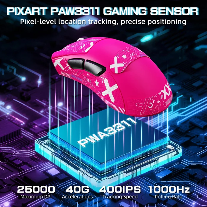 Attack Shark V3 PRO Tri-mode Wireless Gaming Mouse mit Ladestation, BerryRed, inkl. Grip Tape, USB/Bluetooth