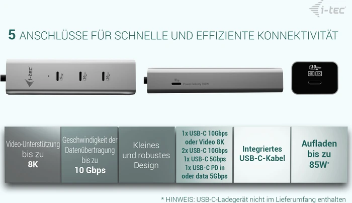 i-tec Charging Metal HUB 5port with USB-C video 8K + Power Delivery 85W, USB-C 3.1 [Stecker]