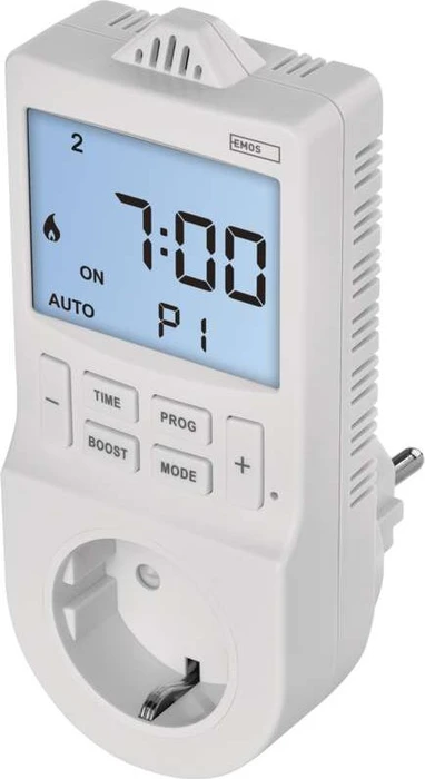Emos P5660SH Steckdosenthermostat/Digitale Zeitschaltuhr, Typ F, IP30, weiß