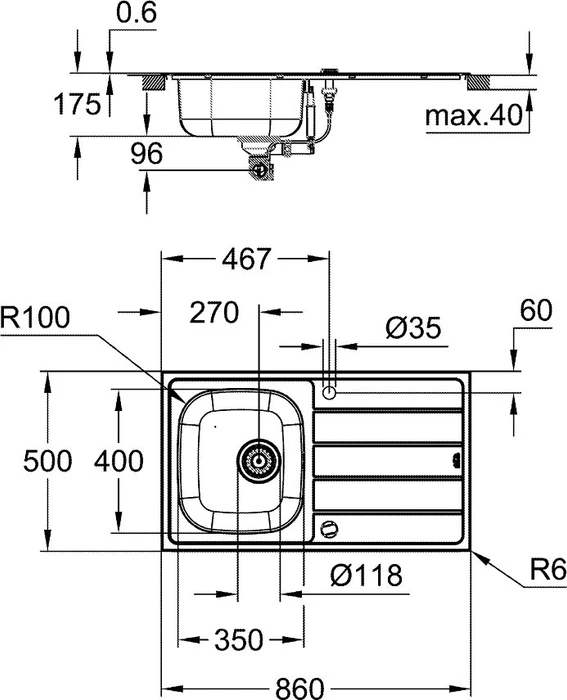 Grohe K200 45-S 86/50 1.0 Einbau Becken reversibel edelstahl