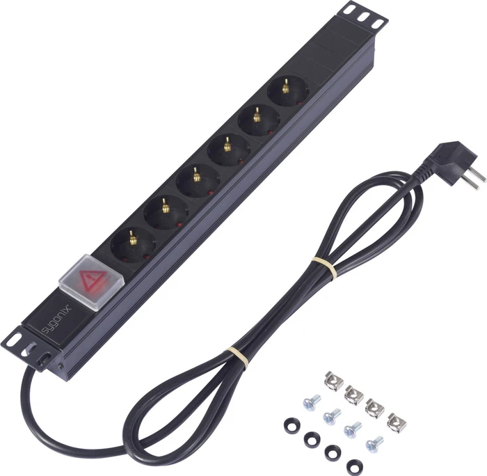 Sygonix 19" Aluminium Steckdosenleiste, 1HE, 6-fach, 230V, schwarz, 2m
