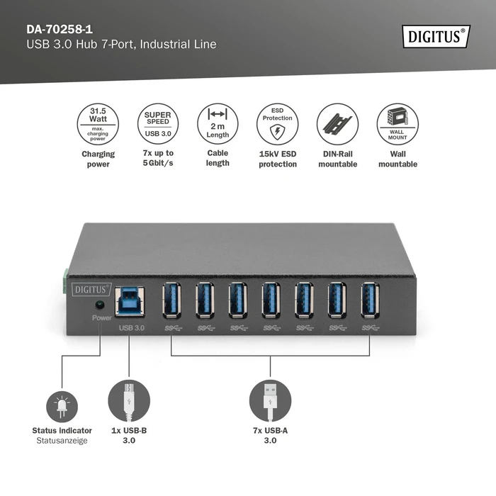 Digitus Industrial Railmount 7-port USB 3.0 Hub, USB-B 3.0 [Buchse]