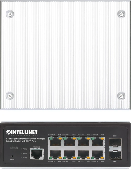 Intellinet Industrial Railmount Gigabit Managed Switch, 8x RJ-45, 2x SFP, 240W PoE+