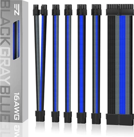 EZDIY-FAB Cable Extension Kit, 1x 24-Pin, 1x 4/8-Pin ATX, 2x 6-Pin PCIe, 16AWG, 2x 8-Pin PCIe, 16 AWG Nylon, blau/grau/schwarz