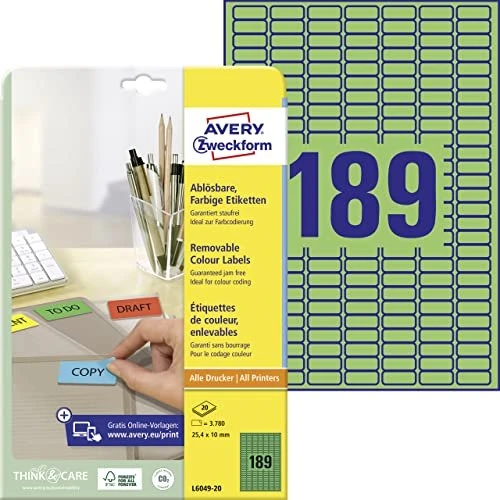 Avery-Zweckform Ordneretiketten, 25.4x10mm, ablösbar, grün, 20 Blatt (3780 Etiketten)