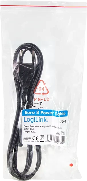 LogiLink Euro-Netzkabel, Eurostecker auf C7 Stecker, schwarz, 1.8m