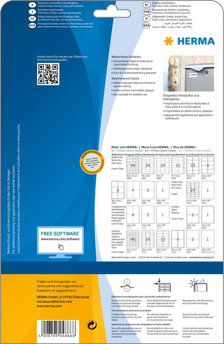 Herma Folienetiketten, A4, wetterfest, transparent, matt, 10 Blatt (10 Etiketten)