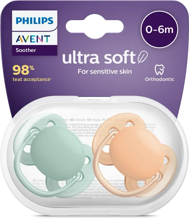 Philips Avent SCF091/03 ultra soft Beruhigungsschnuller, 0-6M, Silikon, grün/orange, 2 Stück