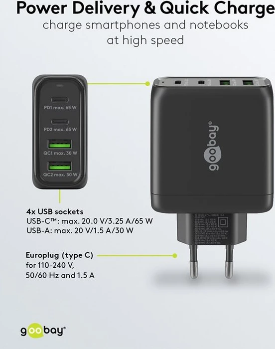 goobay 4-Port GaN Netzteil, USB-C/USB-A, 2x USB-C + 2x USB-A, 68W, schwarz