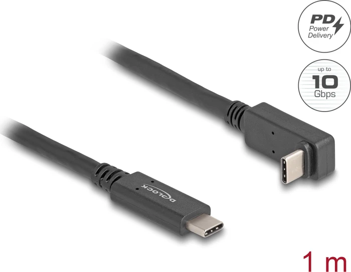 DeLOCK USB-C auf USB-C Kabel, USB 3.1 mit DP, 10Gb/s, 4K, 60W USB PD, nach oben gewinkelt, E-Marker, schwarz, 1m