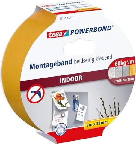 tesa Powerbond Montageband Indoor weiß, Klebeband, 38mm/5m, 1 Stück