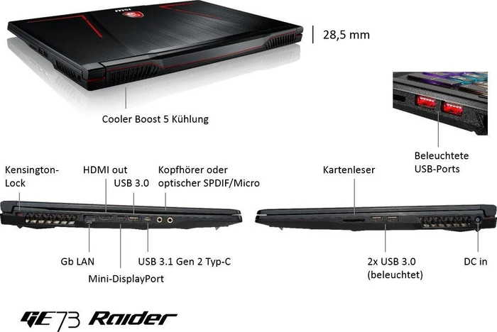 MSI GE73 7RD-030 Raider, Core i7-7700HQ, 16GB RAM, 256GB SSD, 1TB HDD, GeForce GTX 1050 Ti, DE
