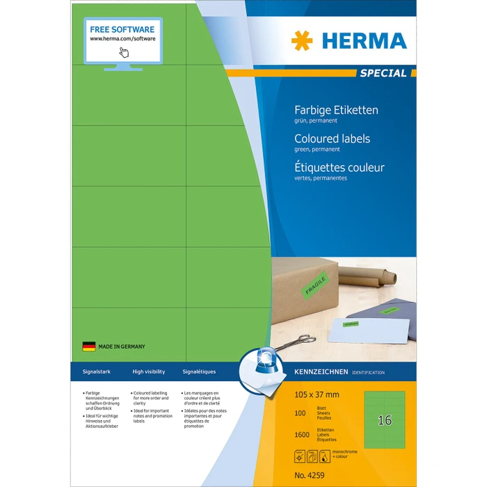 Herma Etiketten, 105x37mm, ablösbar, grün, 100 Blatt (1600 Etiketten)