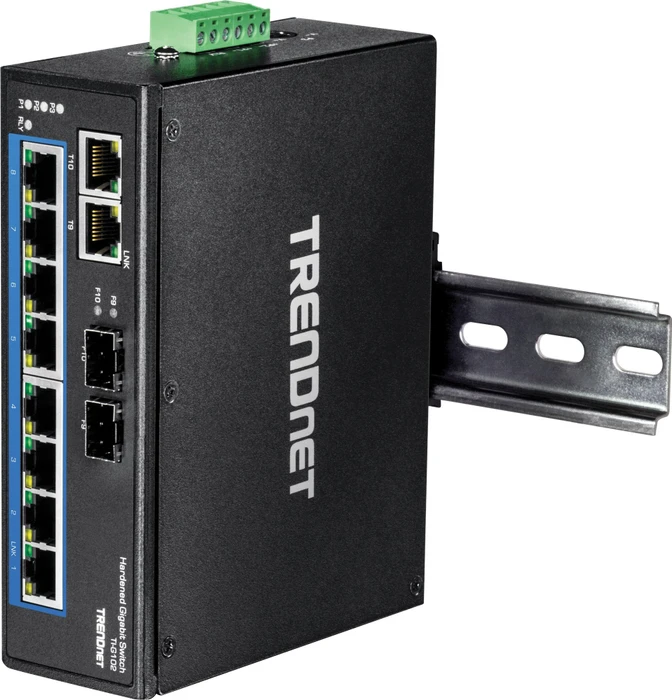 TRENDnet TI Hardened Industrial Railmount Gigabit Switch, 8x RJ-45, 2x RJ-45/SFP
