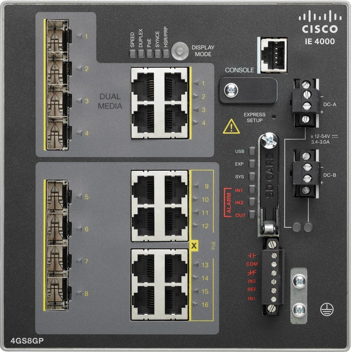 Cisco IE 4000 LAN Base Industrial Railmount Gigabit Managed Switch, 8x RJ-45, 4x SFP, 4x RJ-45/SFP, 240W PoE+