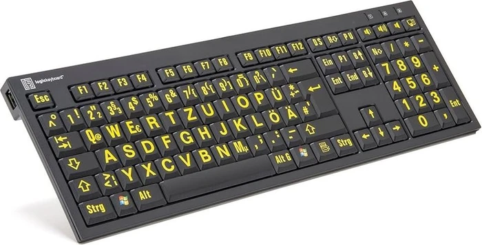 LogicKeyboard Nero Slim Line LargePrint PC, Yellow on Black, USB, DE
