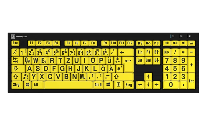 LogicKeyboard Nero Slim Line LargePrint PC, Black on Yellow, USB, DE