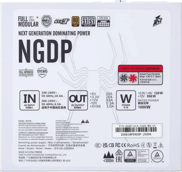 1st Player NGDP Gold weiß 1000W, ATX 3.1