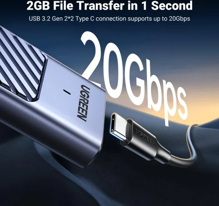 Ugreen 20Gbps NVME SATA M.2 SSD enclosure with cooling pad, USB-C 3.2