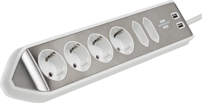 Brennenstuhl estilo Ecksteckdosenleiste, Tischsteckdose, 6-fach, 2x USB-A, 2m, silber/weiß