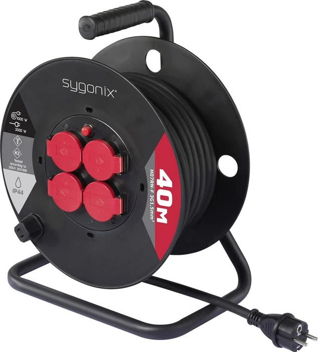 Sygonix Kabeltrommel, Schuko auf 4x Schuko, 40m, IP44, H07RN-F 3G1,5