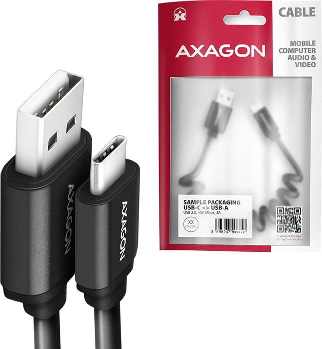 Axagon USB Adapterkabel, Twister, USB 2.0, 480Mb/s, USB-A 2.0 [Stecker] auf USB-C 2.0 [Stecker], Adapterkabel, 0.6m