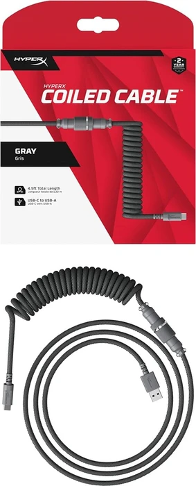 HP HyperX Coiled Cable USB-C auf USB-A, Tastaturkabel (Spiral-Textilkabel), 1.22m, grau