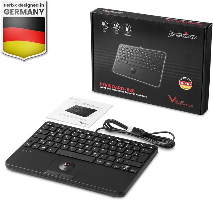 Perixx Periboard-526 Wired Mini Membrane Trackball Keyboard, schwarz, USB, UK