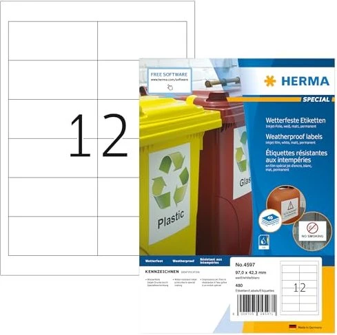 Herma Folienetiketten Inkjet, 97x42.3mm, wetterfest, weiß, matt, 40 Blatt (480 Etiketten)