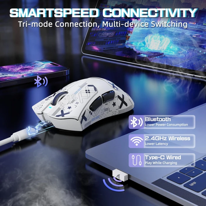 Attack Shark V3 PRO Tri-mode Wireless Gaming Mouse mit Ladestation, weiß, inkl. Grip Tape, USB/Bluetooth