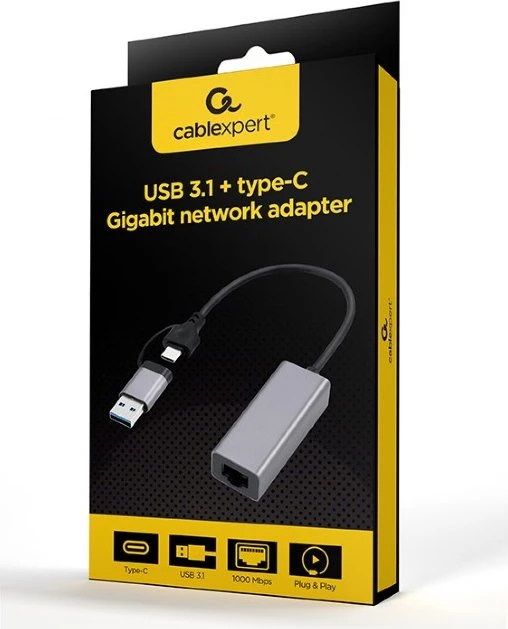 Gembird LAN-Adapter, USB-C/USB-A 3.0 [Stecker]