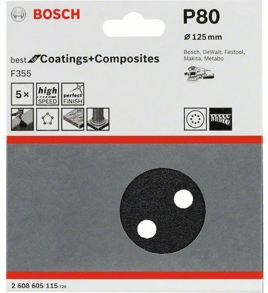 Bosch Professional F355 Best for Coatings and Composites Schleifblatt K80, 125mm, 5 Stück
