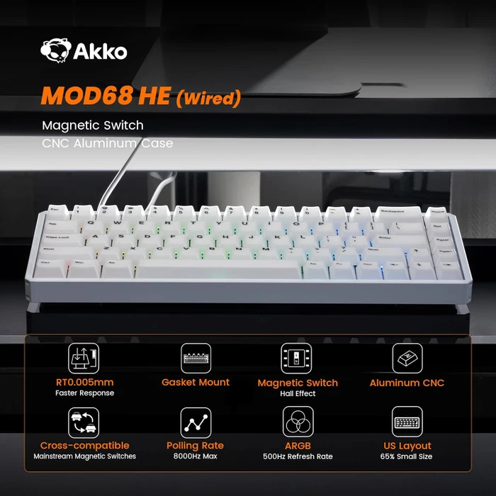Akko MOD68 HE, Misty White, LEDs RGB, hot-swap, AstroAim Magnetic, USB/Bluetooth, US