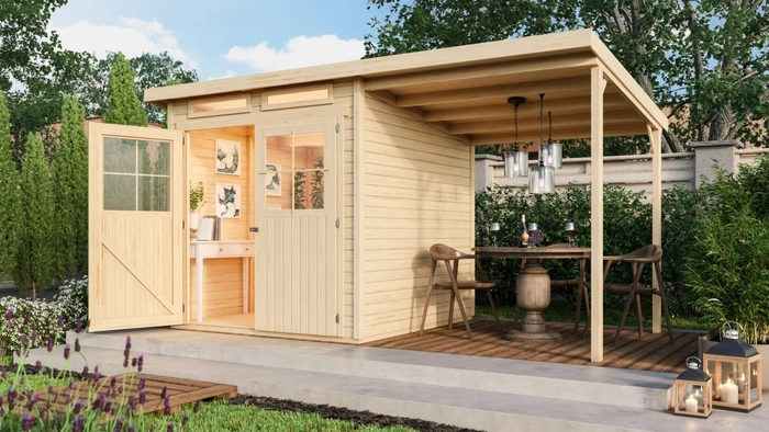 Karibu Glücksburg 3 Gartenhaus inkl. Anbau 1.9m natur