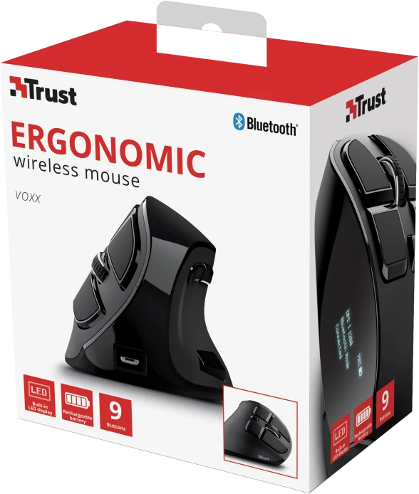 Trust Voxx Rechargeable Ergonomic Wireless Mouse, USB/Bluetooth
