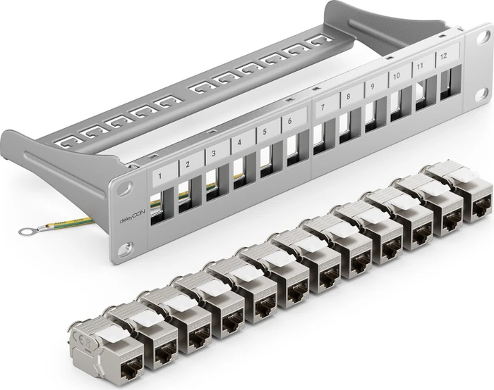 deleyCON Patchpanel für Keystone Module 10", 1HE, inkl. RJ-45 Cat7 Module, 12-Port, 10", 1HE