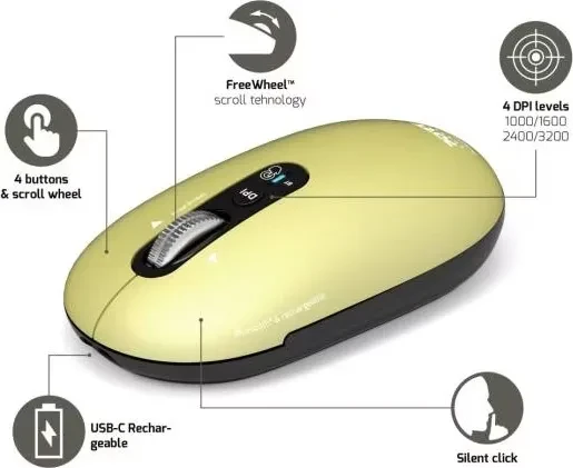 Port Designs Pure Mac Bluetooth Rechargeable Mouse, Lemon, Bluetooth