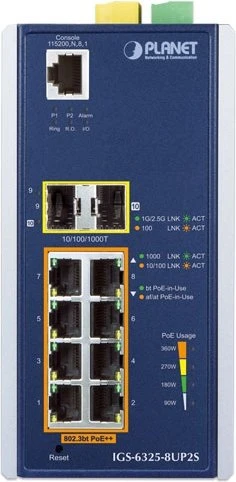 Planet IGS-6325 Industrial Railmount Gigabit Managed Switch, 8x RJ-45, 2x SFP, 360W PoE++