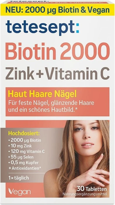 Tetesept Biotin 2000 Zink + Vitamin C Filmtabletten, 30 Stück
