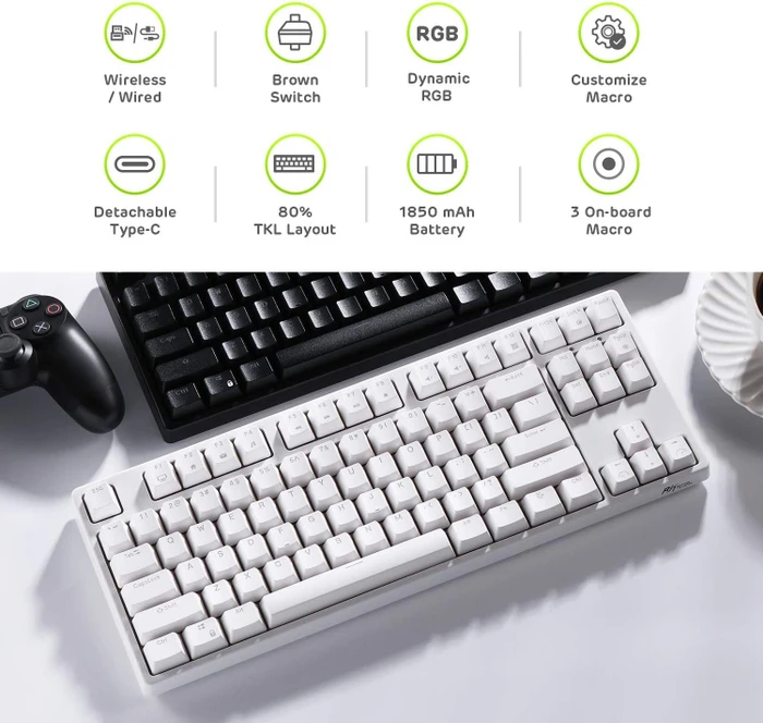 RK Royal Kludge RK87 Wireless TKL, LEDs RGB, weiß, RK BROWN, USB, US