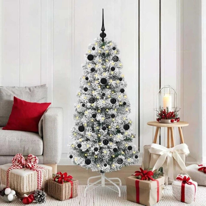 vidaXL Künstlicher Weihnachtsbaum schlank mit Schnee, 150cm, inkl. LED-Beleuchtung