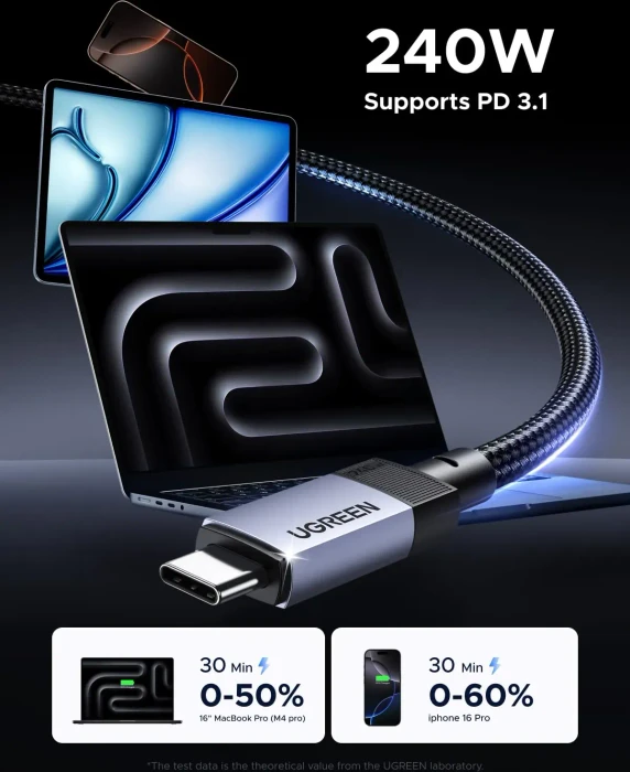 Ugreen USB4 Kabel, USB4, 40Gb/s, 8K60Hz, 240W PD 3.1, USB-C Stecker auf USB-C Stecker, schwarz, ummantelt, 1m