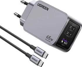 Ugreen Nexode Pro 65W USB-C Ladegerät 3-Ports Mini GaN Schnellladegerat schwarz/grau