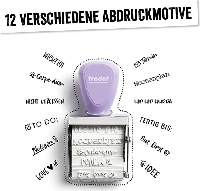 trodat Creative Mini Handstempel mit 12 Abdrucken "Bullet Journal" inkl. 3-farbigem Kissen, 30x5mm, pastell lila, 2er-Set