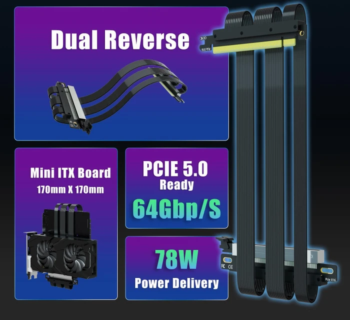 Glotrends Dual Reverse Riser Cable, gewinkelt, PCIe 5.0, 185mm, schwarz