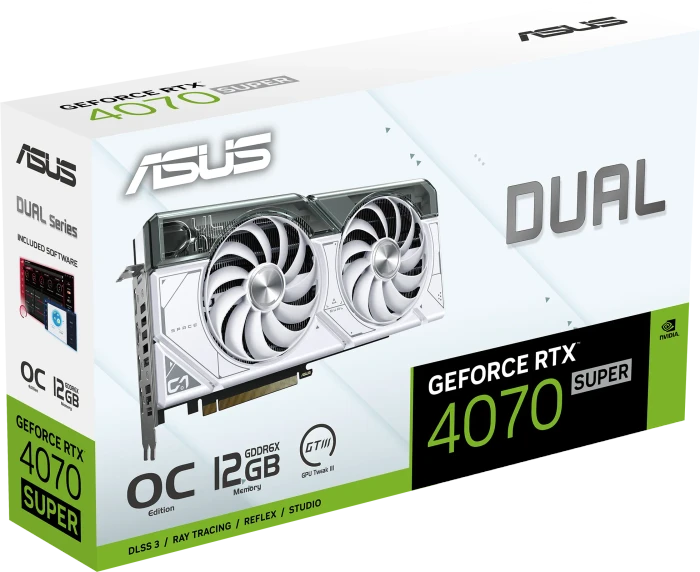 ASUS Dual GeForce RTX 4070 SUPER White OC, DUAL-RTX4070S-O12G-WHITE, 12GB GDDR6X, HDMI, 3x DP