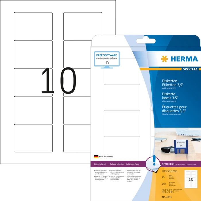 Herma Disketten-Etiketten 3.5", 70x51mm, transparent, matt, 25 Blatt (250 Etiketten)