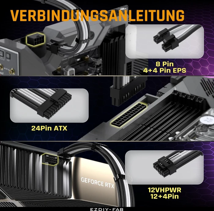 EZDIY-FAB 12VHPWR Cable Kit, 1x 24-Pin, 2x 4/8-Pin ATX, 1x 12VHPWR/4x 8-Pin PCIe, 16AWG, schwarz/weiß