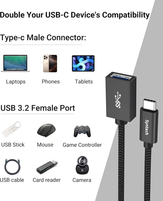 Syntech Adapterkabel, USB 3.1, 10Gb/s, USB-C [Stecker] auf USB-A [Buchse], schwarz, 17cm, 2er-Pack